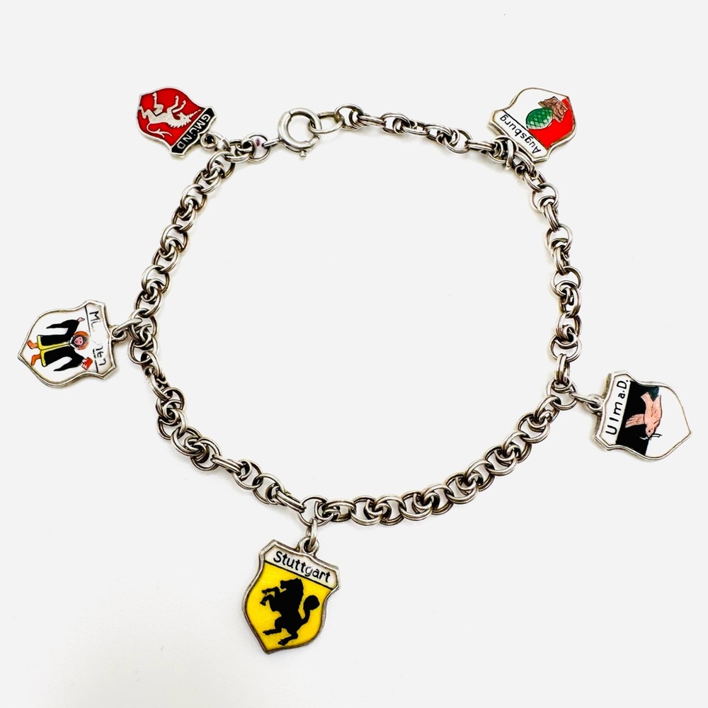 Vintage STERLING SILVER 925 Charm Bracelet 5 Enamel Germany City Travel Charms